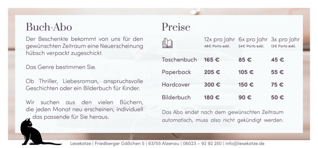 Broschüre für einen deutschen Buchabonnementdienst mit Preisinformationen und der Silhouette einer lesenden Katze.