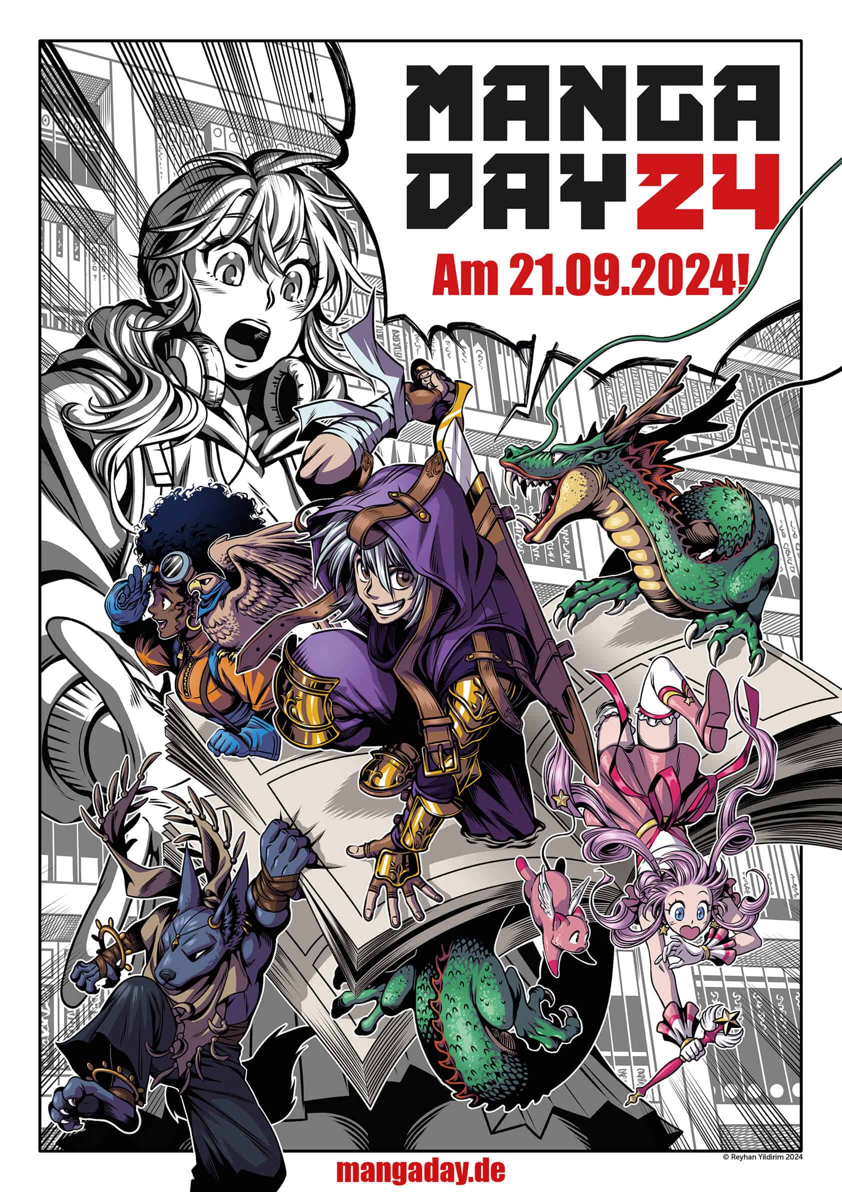 Plakat zum Manga-Tag 2024 am 21. September, das verschiedene bunte Manga-Figuren vor einem Hintergrund aus Bücherregalen zeigt. Der Text unten gibt eine URL an: mangaday.de.