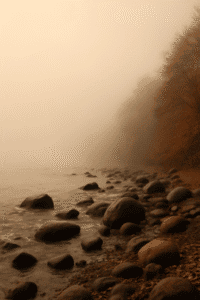 Felsiges Ufer mit großen Steinen neben ruhigem Wasser, eingehüllt in dichten Nebel, mit Herbstbäumen am rechten Rand.