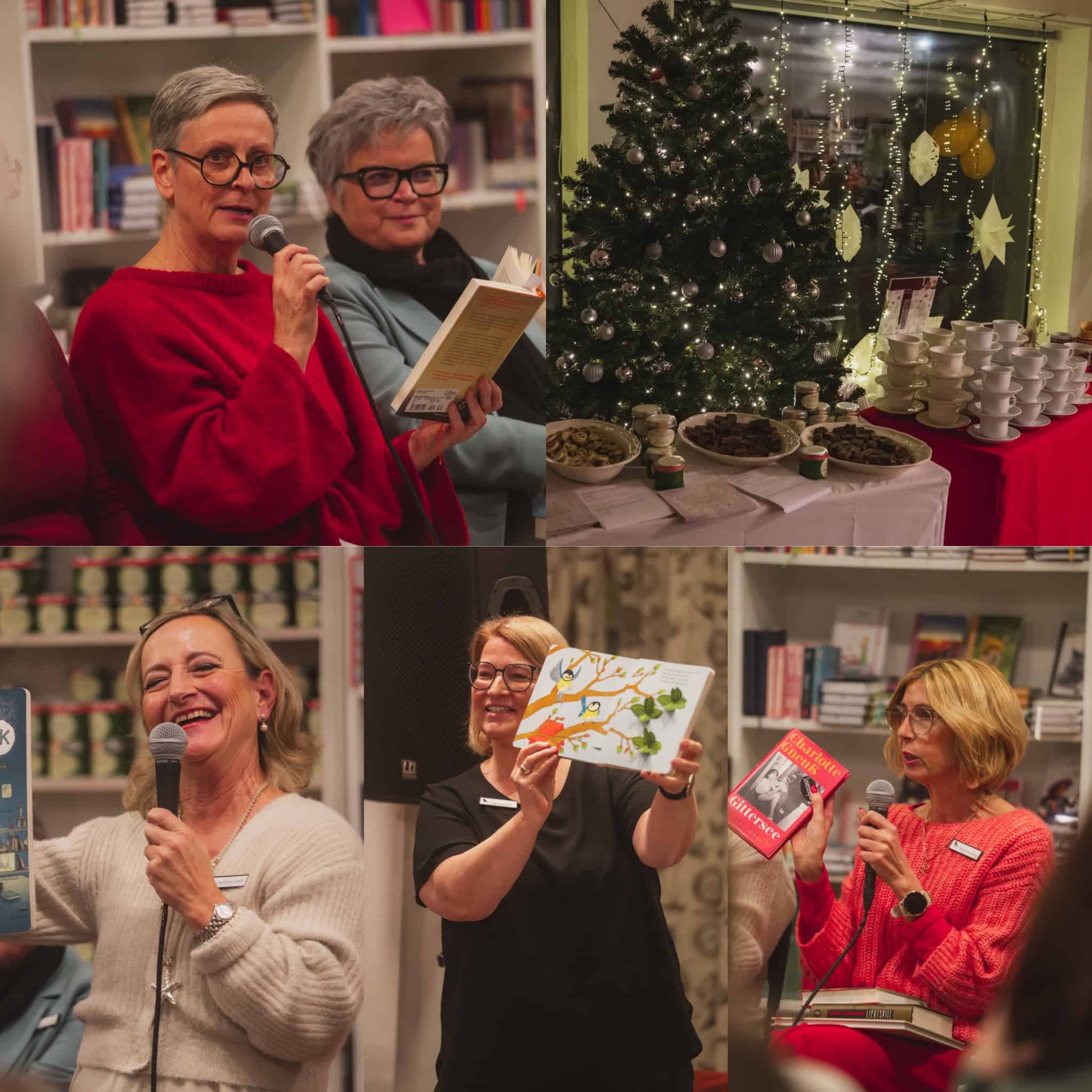 Collage von Frauen bei einer Veranstaltung in einer Buchhandlung, die Bücher in den Händen halten und sprechen, zusammen mit einem separaten Bild eines geschmückten Tisches neben einem Weihnachtsbaum und gestapelten Teetassen.