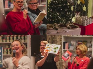 67A25C03 8C1D 417B 9BF0 E781F624232C Collage von Frauen bei einer Veranstaltung in einer Buchhandlung, die Bücher in den Händen halten und sprechen, zusammen mit einem separaten Bild eines geschmückten Tisches neben einem Weihnachtsbaum und gestapelten Teetassen.