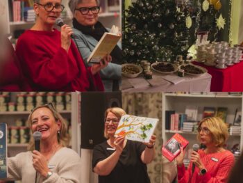 67A25C03 8C1D 417B 9BF0 E781F624232C Collage von Frauen bei einer Veranstaltung in einer Buchhandlung, die Bücher in den Händen halten und sprechen, zusammen mit einem separaten Bild eines geschmückten Tisches neben einem Weihnachtsbaum und gestapelten Teetassen.